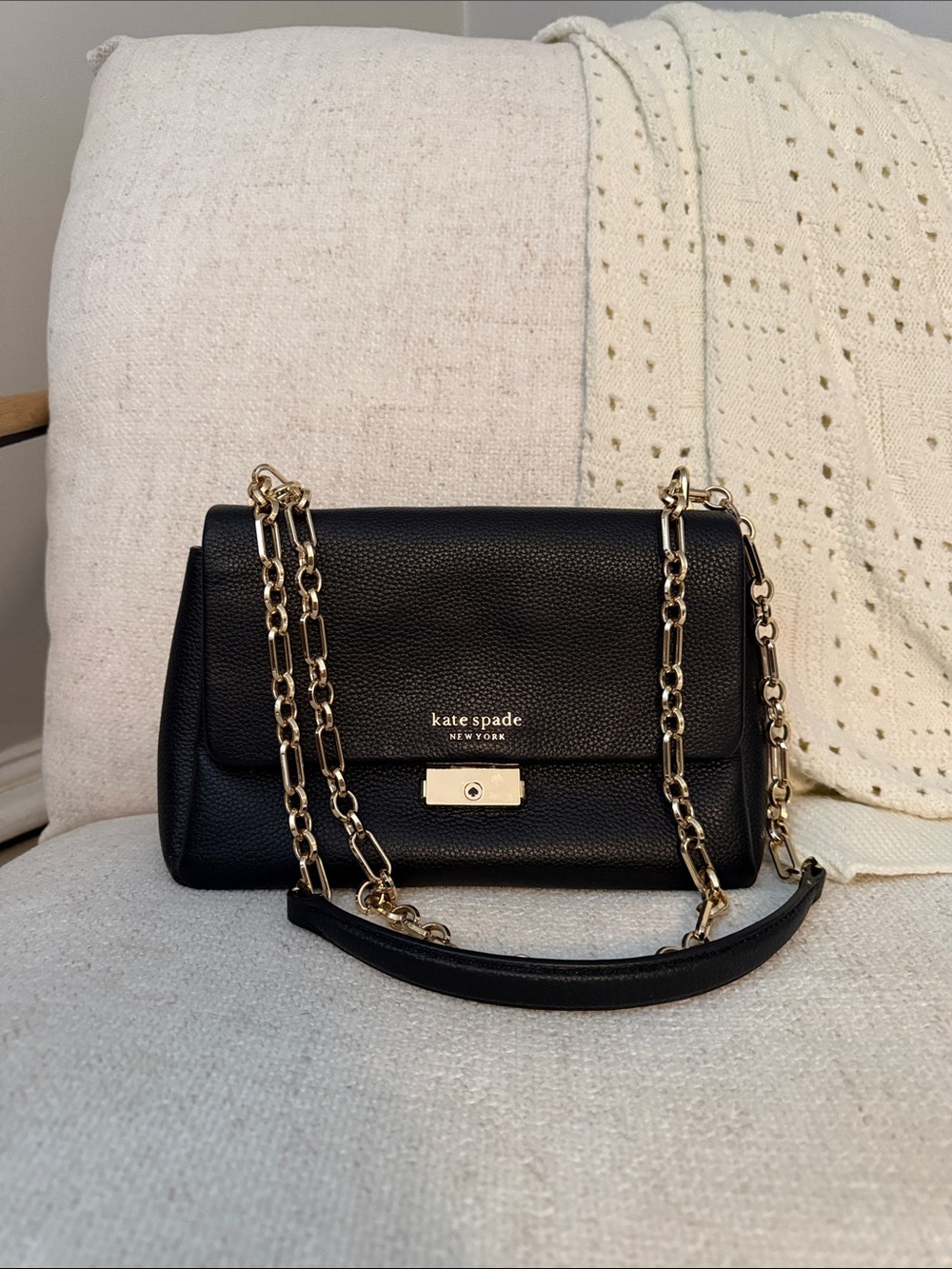 kate spade Black Pebbled Leather Shoulder Bag with Gold Chain